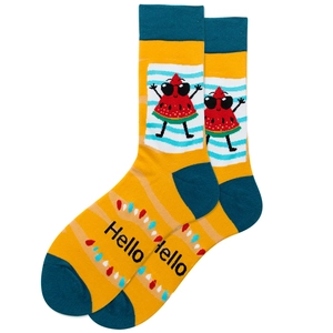 Detail of cotton crew socks featuring cartoon watermelon pattern and Hello text