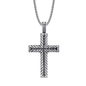 Men's punk rock stainless steel cross pendant with vintage texture and twisted chain