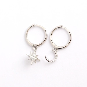 Asymmetric S925 sterling silver star and moon earrings with sparkling zircon stones