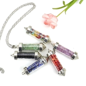 Colorful crushed stone wishing bottle pendants with Love engraving and silver chain