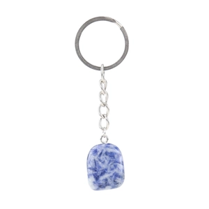 Close-up of a blue and white natural agate stone pendant with a silver metal keychain