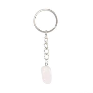 Detailed view of irregular pink agate crystal pendant with silver metal keychain ring