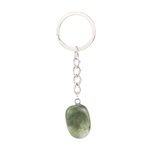 Detail of polished irregular green moss agate stone pendant on metal keychain