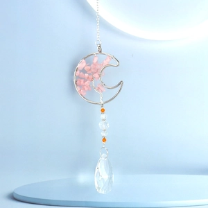 Detail of rose quartz Tree of Life moon pendant with crystal prism and beads suncatcher