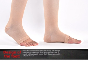 Detail of open-toe compression sock featuring reinforced cuffs and breathable knit fabric