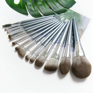 Professional 13-piece makeup brush set with bionic bristles and blue-grey handles