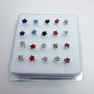 Set of 20 pieces colorful flower shaped 925 silver nose studs in a clear display box