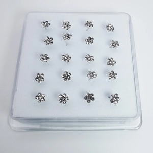 Set of 20 pieces 925 silver flower nose studs with sparkling white zircon in a box