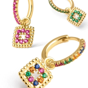 S925 silver needle hoop earrings with square drop pendants and colorful zircon stones