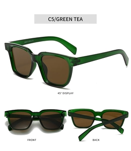Detail view of green tea rectangular sunglasses with brown lenses and CE marking