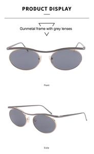 Detailed front and side views of gunmetal metal frame oval sunglasses with grey lenses