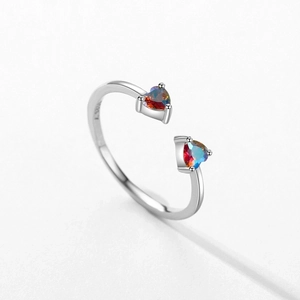 S925 Sterling Silver open ring featuring double colorful aurora heart zircon stones