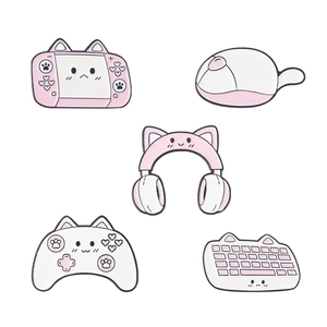 Five-piece set of cute pink and white cat-themed gaming enamel pins and badges