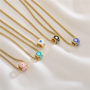 Evil Eye Cube Pendant Necklace Copper Gold Plated Enamel Drip Oil Protection Jewelry For Women Ethnic Style