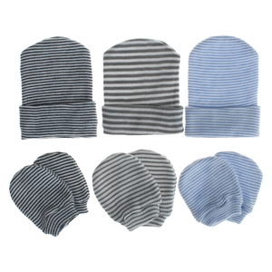 Detail of infant knit hats and anti-scratch mittens set in grey and blue stripe patterns