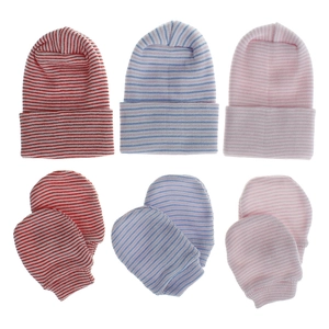 Three-set baby knit beanies and gloves with red, blue, and pink stripes on white background