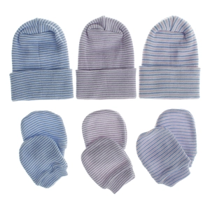 Newborn baby hat and glove set with double-layer thickened striped knit cotton fabric