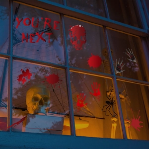 Bloody handprints and YOU'RE NEXT letter stickers for Halloween window party decoration