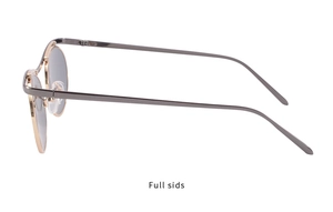 Detailed side view of luxury oval metal sunglasses with gold and dark grey frames