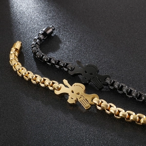 Men's retro skull and cross-wrench stainless steel punk biker chain bracelets in gold and black