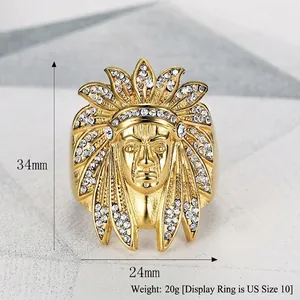 Hip hop 18k gold plated stainless steel Indian chief ring with sparkling crystals