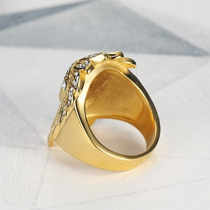 Gold plated hip hop Indian chief ring with sparkling white rhinestones for men