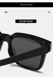Macro shot of thick textured frame on glossy black square sunglasses with minimalist style
