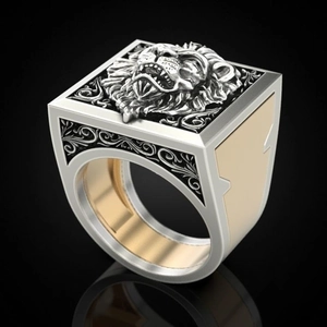 Herren Siegelring mit Löwenkopf in Bicolor Silber und Gold mit schwarzer Emaille