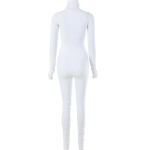 Rear view of white ribbed mock neck bodysuit showing elastic fabric and snug fit