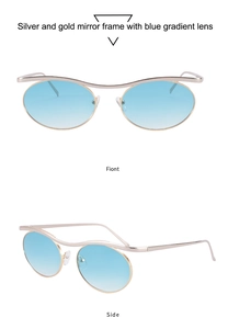 Detail of oval sunglasses with wavy gold and silver frame and blue gradient lenses