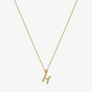 Macro shot of gold S925 sterling silver letter H pendant with vintage texture and diamonds