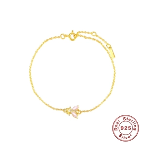 Close-up of S925 sterling silver bee bracelet with pink gemstones and adjustable chain