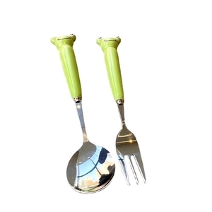 Green cartoon frog stainless steel spoon and fork set for students on white background