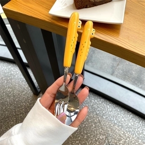 Cartoon crocodile handle stainless steel spoon and fork set for children dining