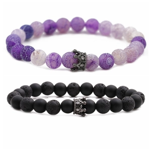 8mm lava stone and purple agate bead bracelet set with black metal crown charm
