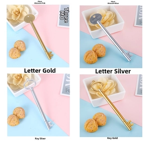 Detailed close-up of 0.5mm creative key-shaped gel pens in gold and silver finishes