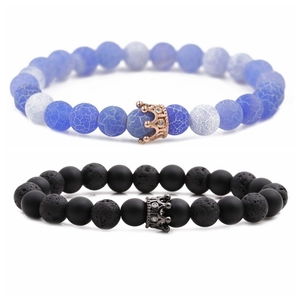 8mm lava stone beaded bracelet set with crown charms for men and women