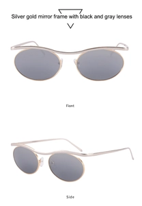 Front and side views of oval metal sunglasses with unique wavy brow bar design