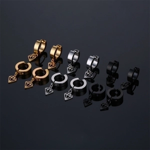 Stainless Steel Hoop Earrings And Non Pierced Ear Clips With Hollow Geometric Diamond Pendant For Men Women Minimalist Style