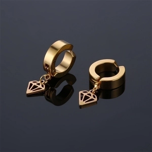 Minimalist gold stainless steel geometric diamond shaped clip-on earrings for men