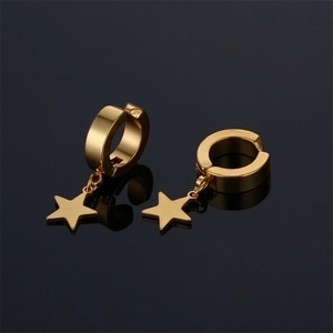 Pair of gold stainless steel star drop earrings with circular clasp on reflective base