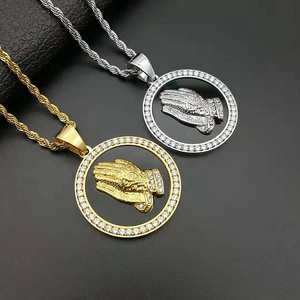 Praying Hands Pendant Necklace Titanium Steel Cubic Zirconia Round Medallion Hip Hop Religious Jewelry For Men Women