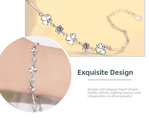 Close-up of S925 sterling silver four-leaf clover bracelet with zircon stones and adjustable chain