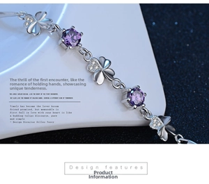 Close-up of S925 silver clover bracelet featuring purple zircon stones and crystal details