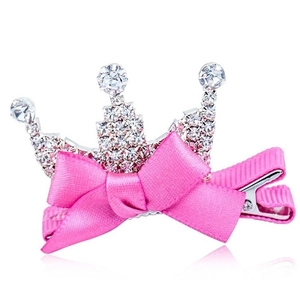 Korean style children's hair clip with crystal silver crown and bright pink ribbon bow