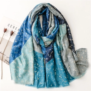 Thick cotton-linen scarf with geometric blue patterns and gold foil texture for winter