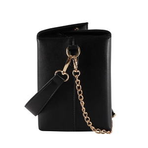 Detail of black PU leather crossbody bag featuring gold chain strap and rigid box structure