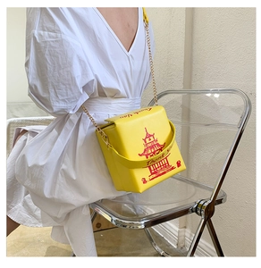 Fashion creative yellow takeaway box crossbody bag with chain strap shown with model