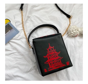 Detail of black box crossbody bag featuring red oriental tower print and gold chain strap