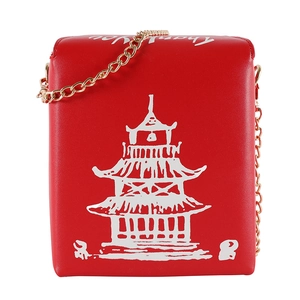 Creative red Chinese takeout box style crossbody bag with pagoda print and gold chain